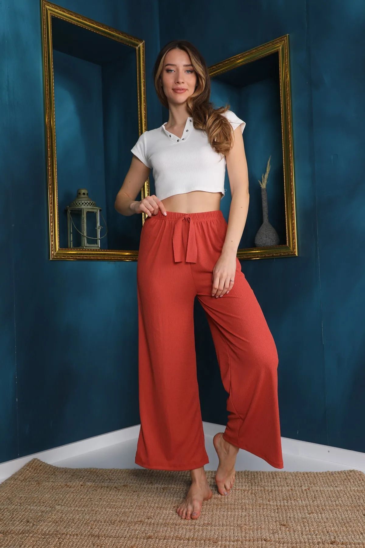 Women's Seersucker Elastic Waist Wide Leg Trousers Oversize Tile