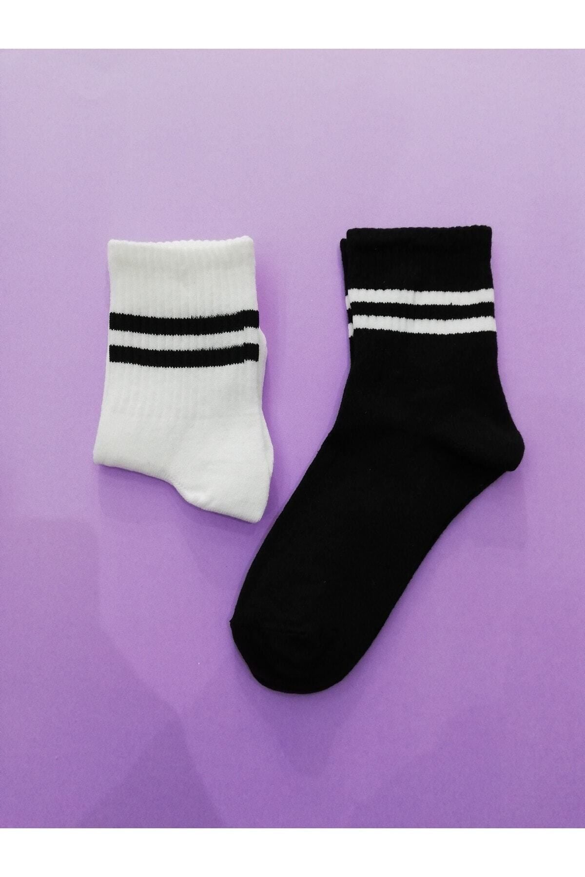 Unisex Siyah Ve Beyaz Şeritli Kolej Çoraplar 2 Çift