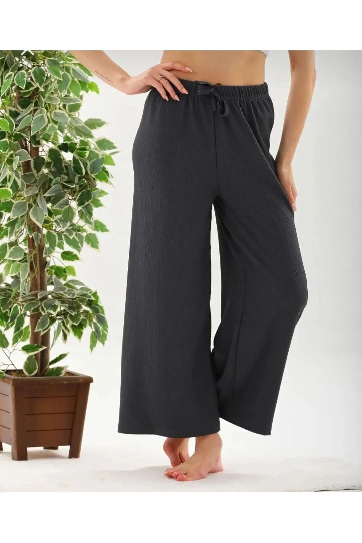 Women's Seersucker Elastic Waist Wide Leg Trousers Oversize