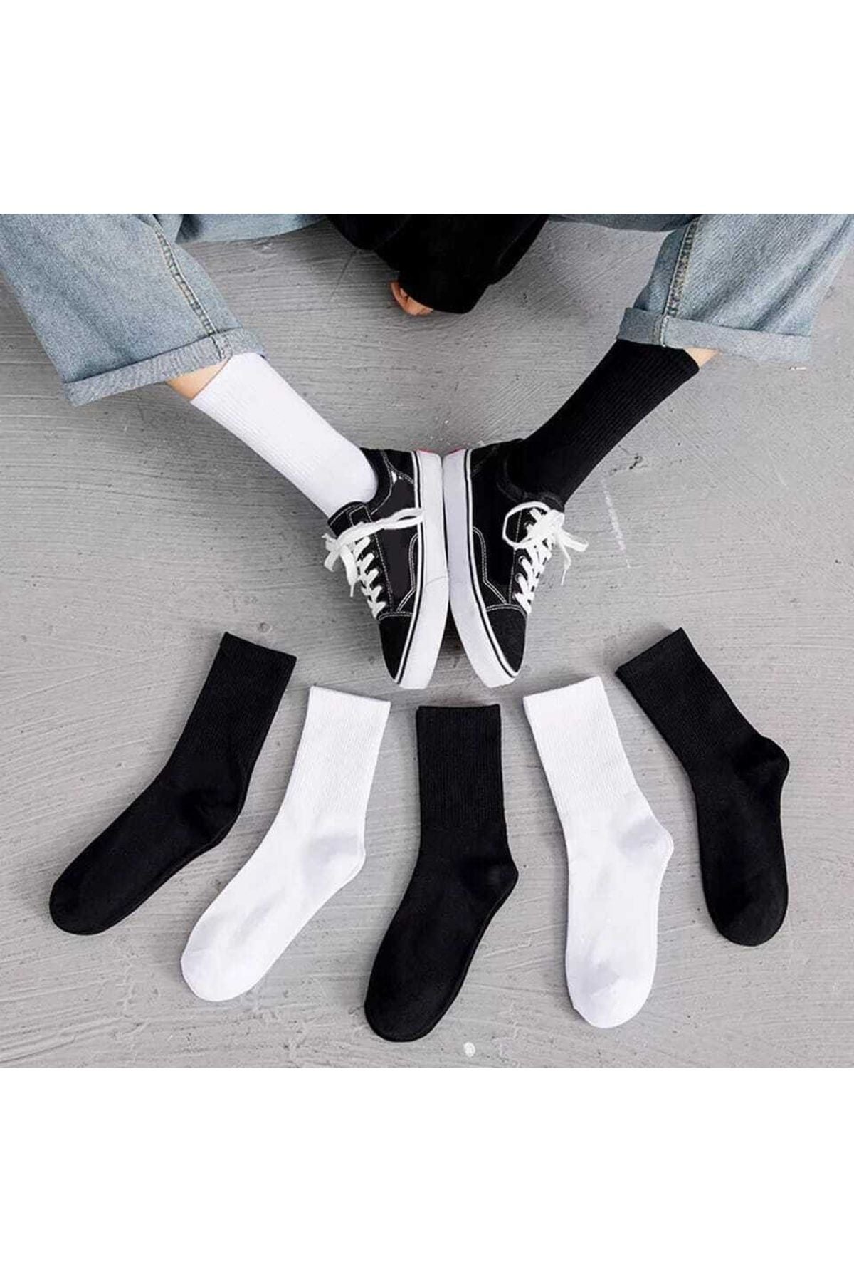 6-Pack Men's Black + White Unlined Cotton College Tennis Socks