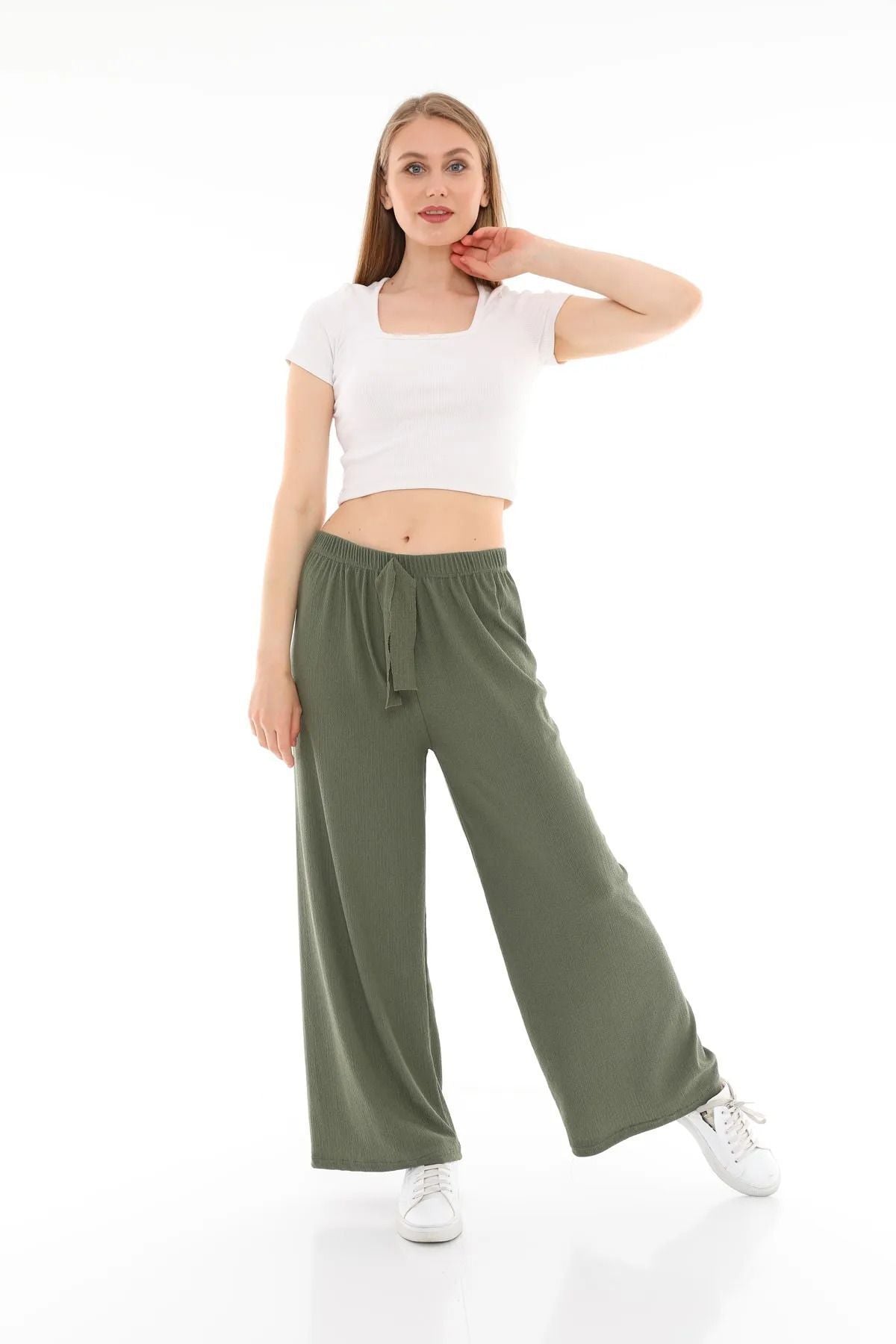 Women's Seersucker Elastic Waist Wide Leg Trousers Oversize Green