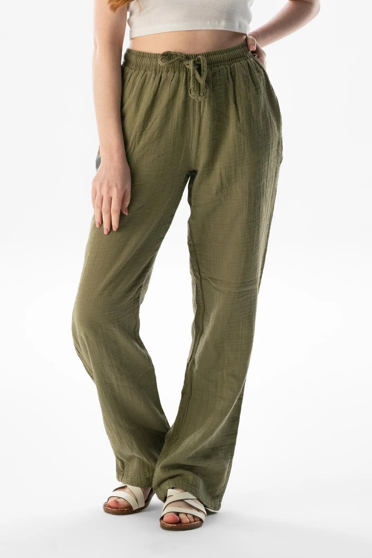 Women's Seersucker Elastic Waist Wide Leg Trousers Oversize