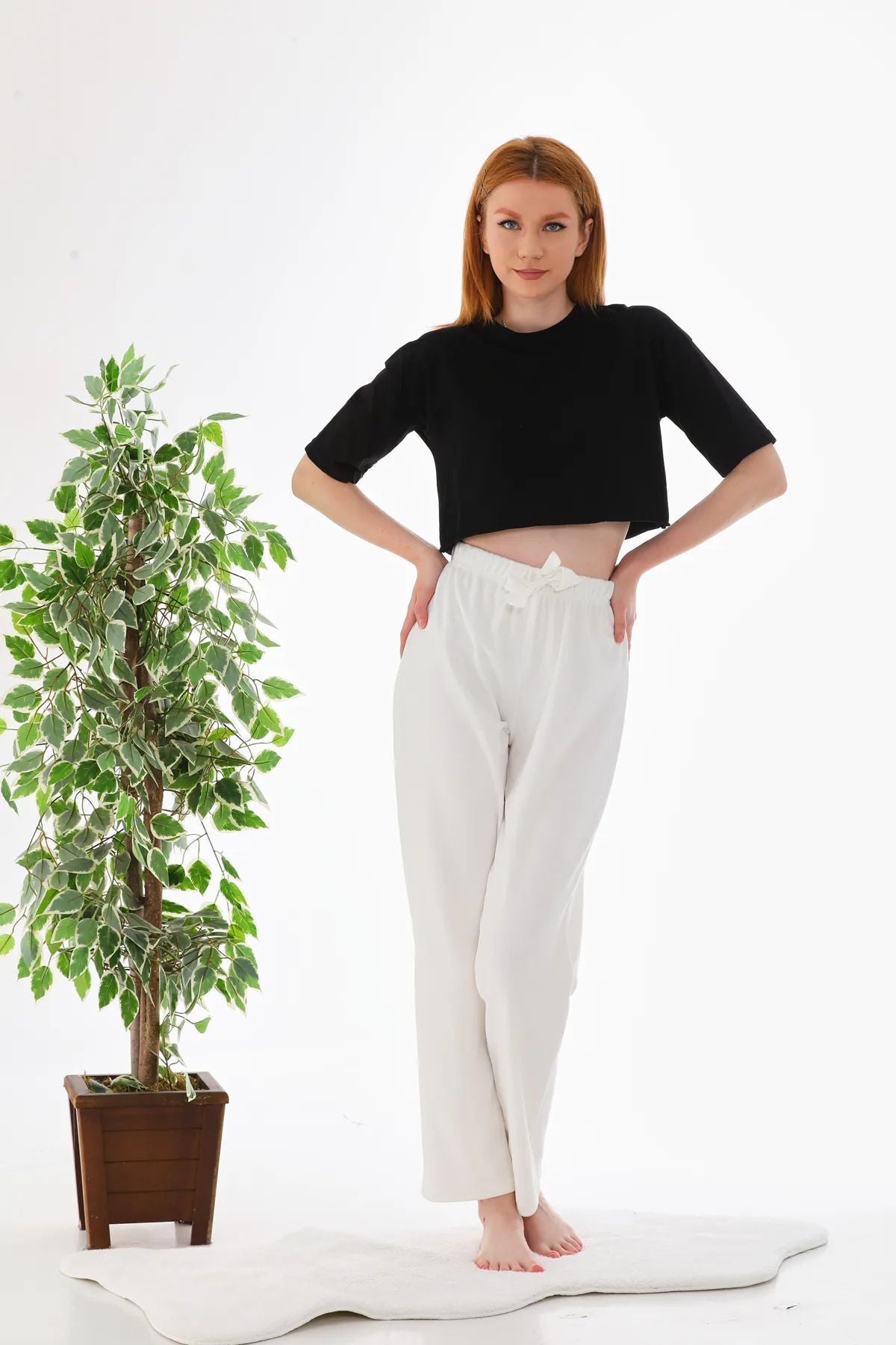 Women's Seersucker Elastic Waist Wide Leg Trousers Oversize White