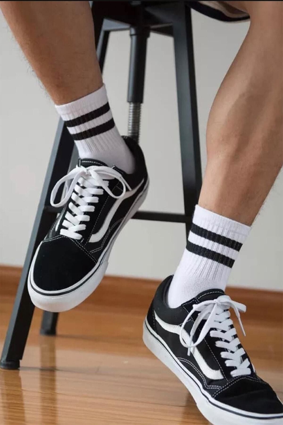 Çizgili Tenis Çorap Beyaz Siyah Çizgili