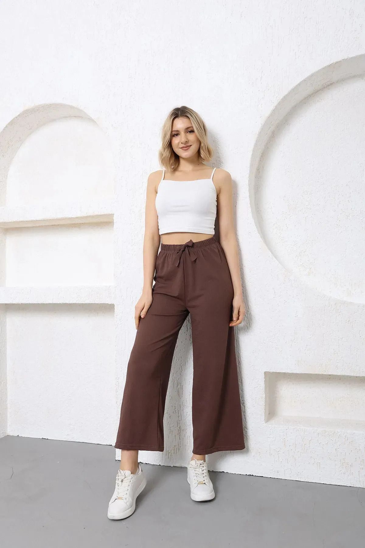Women's Seersucker Elastic Waist Wide Leg Trousers Oversize