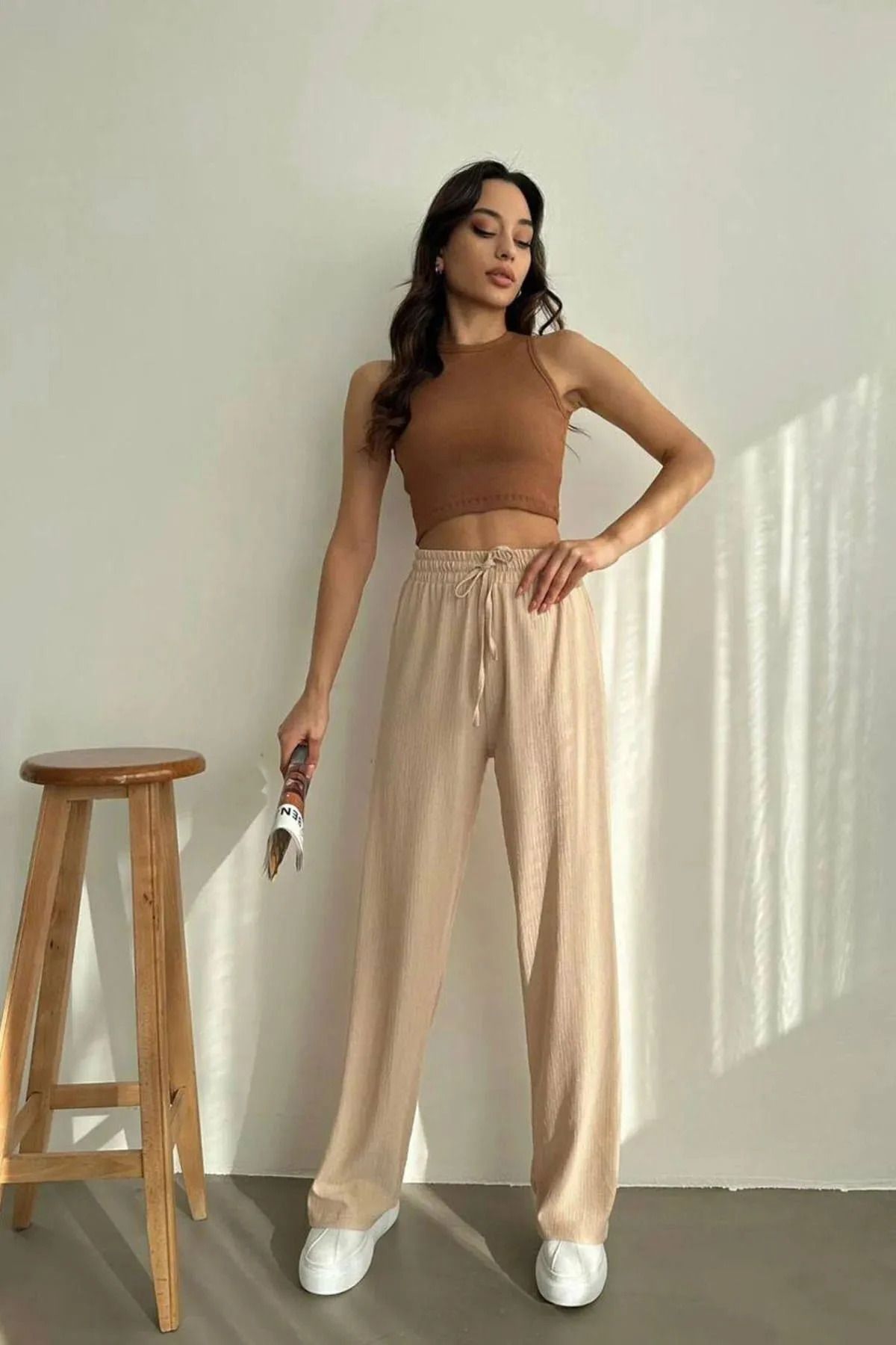 Women's Seersucker Elastic Waist Wide Leg Trousers Oversize