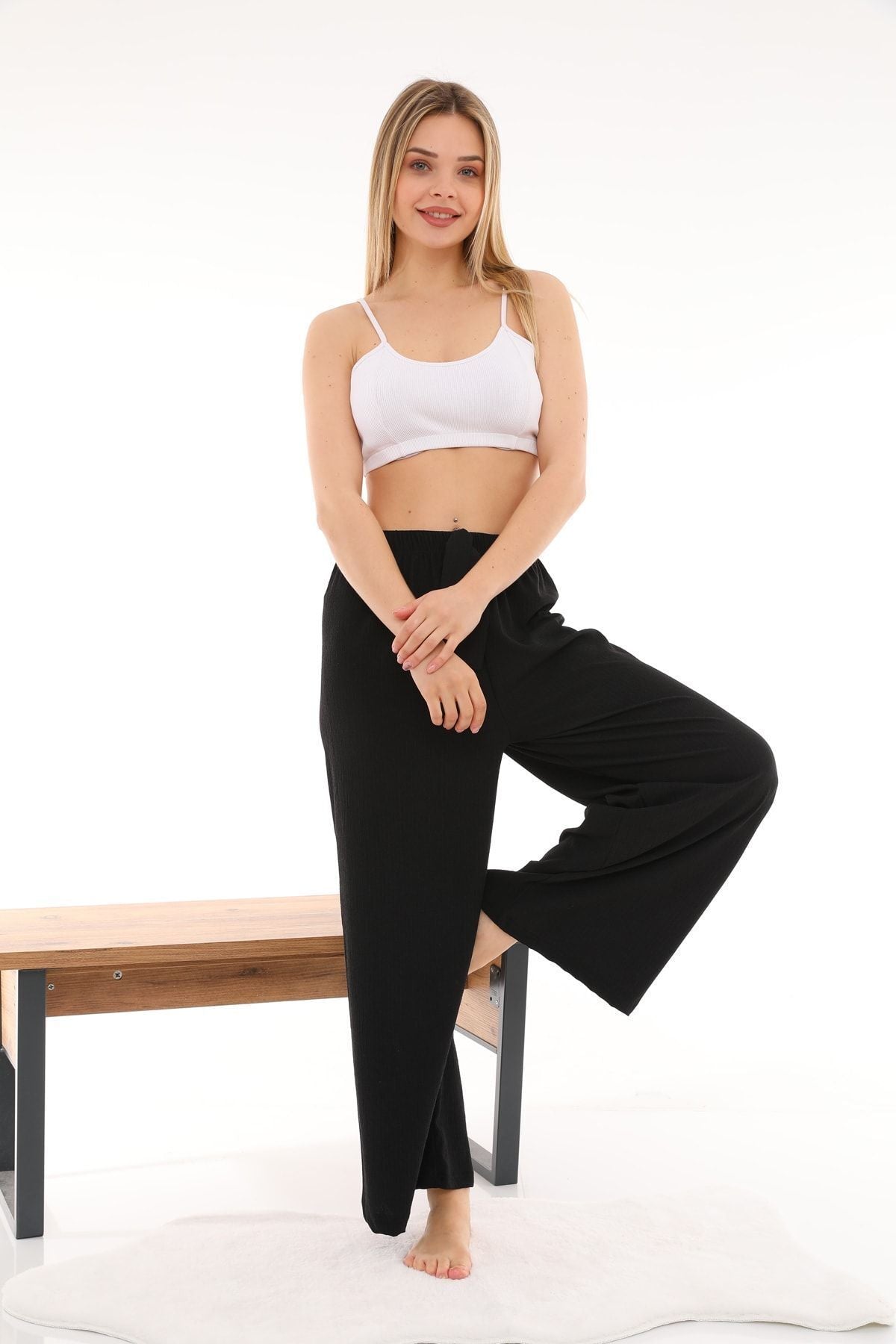 Women's Seersucker Elastic Waist Wide Leg Trousers Oversize Black