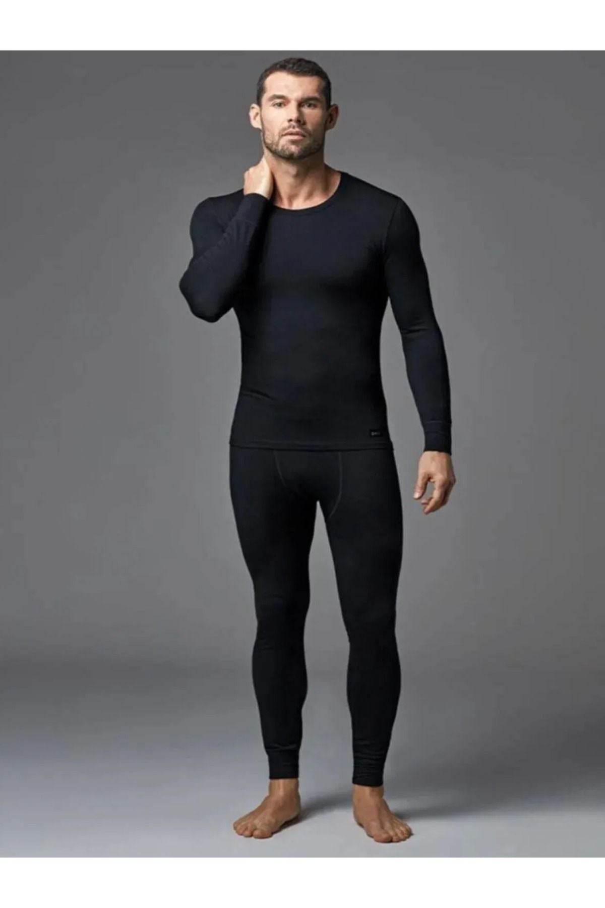 Men's Black Thermal Underwear Bottom Top Set
